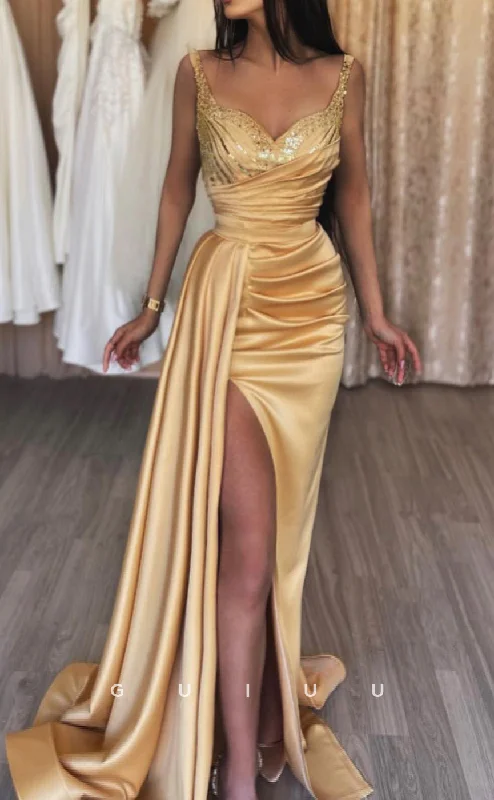 G2558 - Sexy Fitted Sequins Straps Ruched  Long Prom Evening Dresses With Train