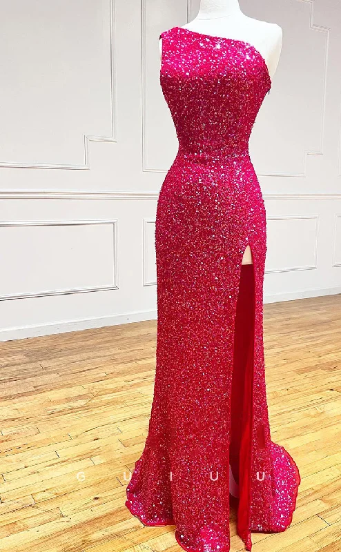 G2814 - One Shoulder Sequins Red Lace Up Prom Evening Dress With Slit