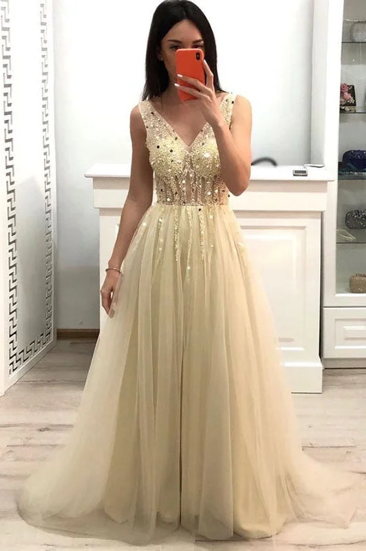 V Neck A Line Formal Evening Dresses Tulle Beads Long Prom Dresses