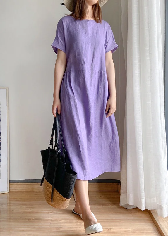 Purple Linen Shirt Top O-Neck Cinched Short Sleeve