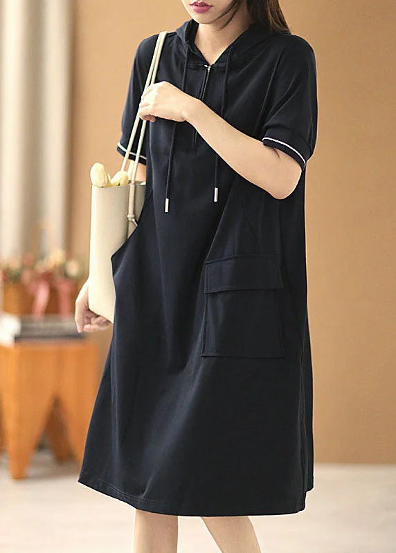 Simple Solid Navy Zippered Drawstring Hooded Pocket Cotton Sweatshirt Dress Short Sleeve