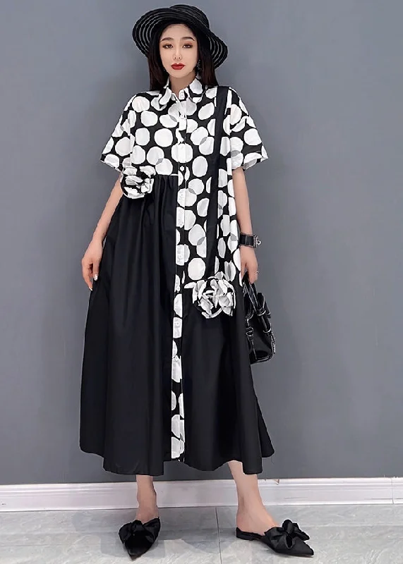 Black Oversized Cotton Shirt Dress Patchwork Wrinkled Dot Print Short Sleeve