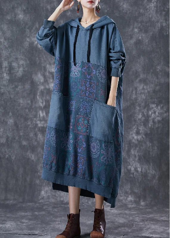 Navy Patchwork Cotton Sweatshirts Dress Hooded Pockets Fall