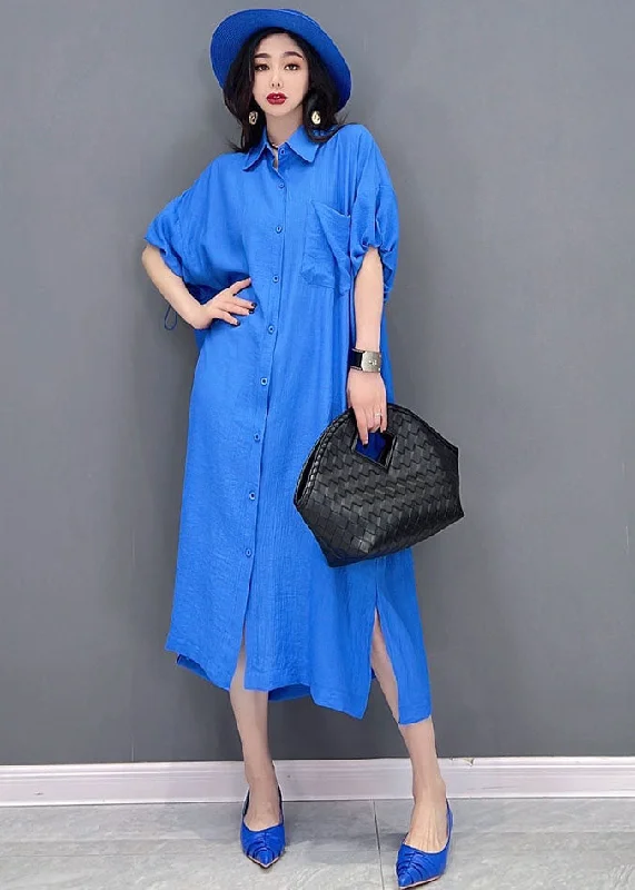 Baggy Blue Solid Peter Pan Collar Oversized Cotton And Linen Shirt Dress Short Sleeve