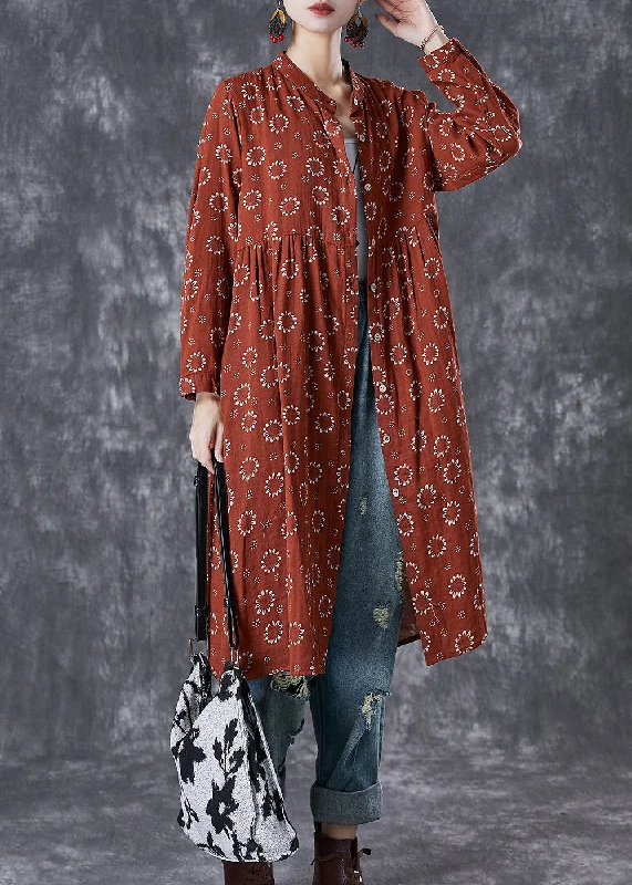 Elegant Red Print Cotton Shirt Dress Fall