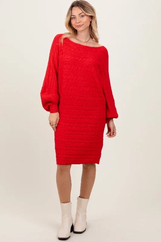 Red Cable Knit Dolman Sleeve Sweater Mini Dress