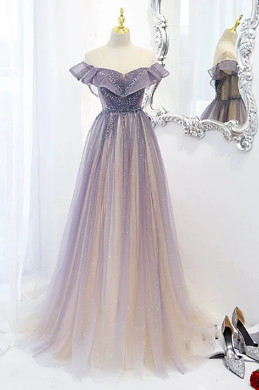 Off the Shoulder Ombre Tulle A-Line Sparkly Short Sleeves Prom Dresses