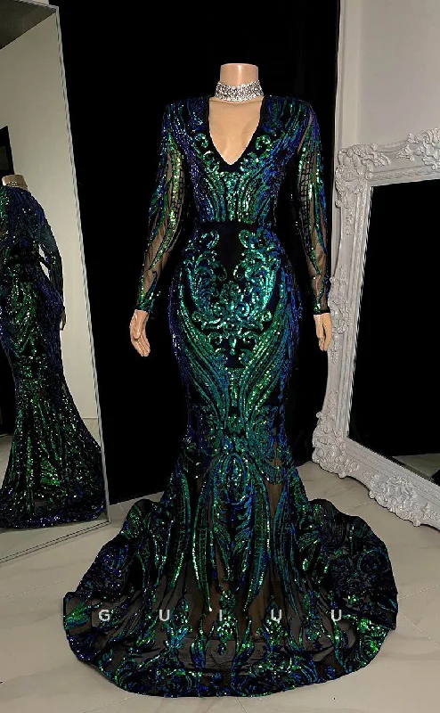 G2756 - Classic & Timeless V-Neck Sequins Sheer Long Sleeves Prom Evening Dress