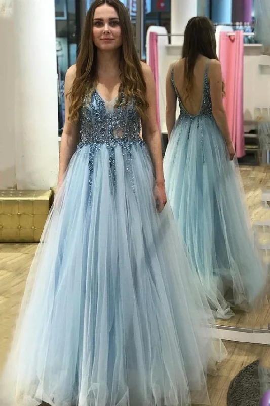 Blue Tulle A-Line V-Back V-Neck Beading School Dance Dresses Long Prom Dresses