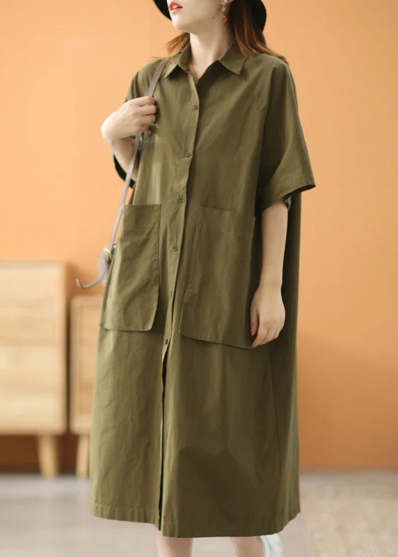 Modern Green Peter Pan Collar Oversized Big Pockets Cotton Loose Shirt Dress Short Sleeve