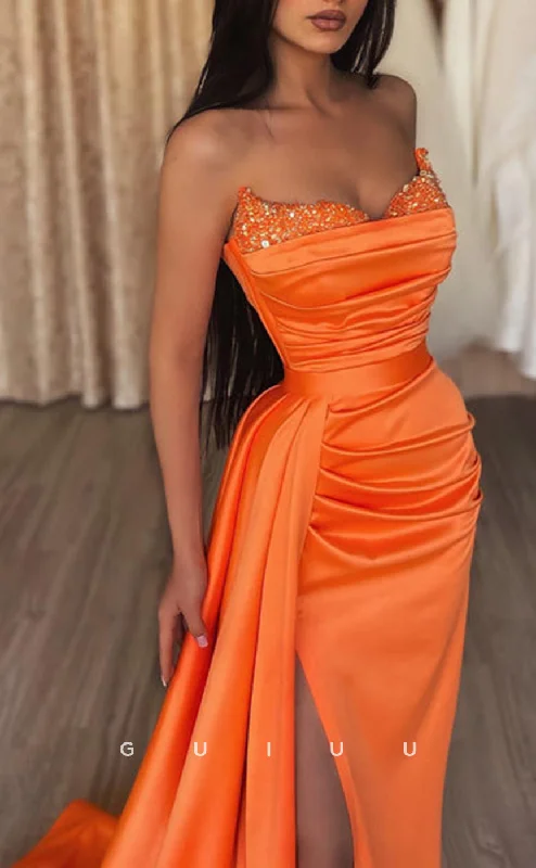 G2551 - Sexy Fitted Sequins Strapless Ruched Long Prom Evening Dresses With Train