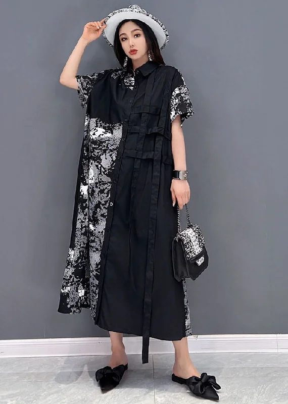 Bohemian Black Peter Pan Collar Print Cotton Shirt Dress Short Sleeve