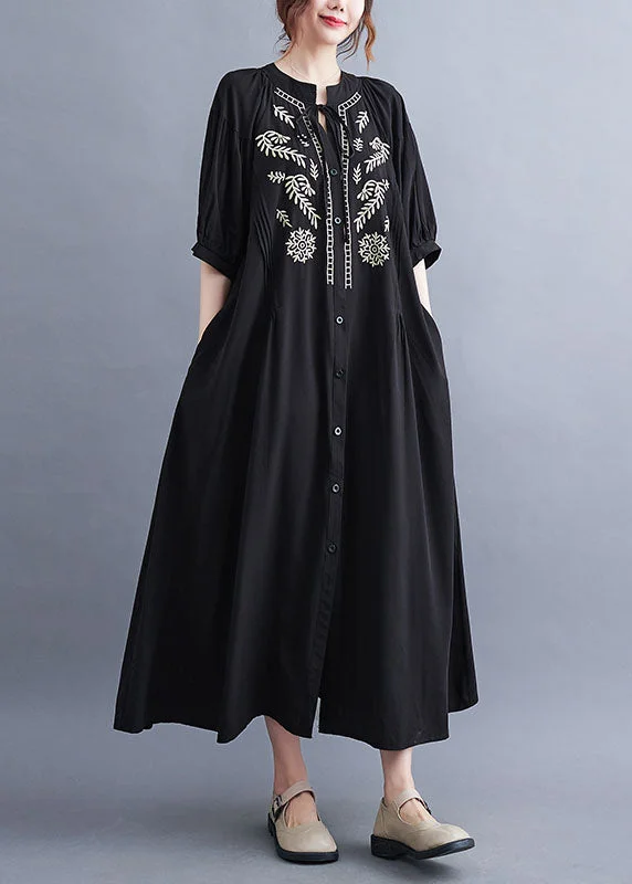 Stylish Black Wrinkled Embroideried Button Shirt Dresses Short Sleeve