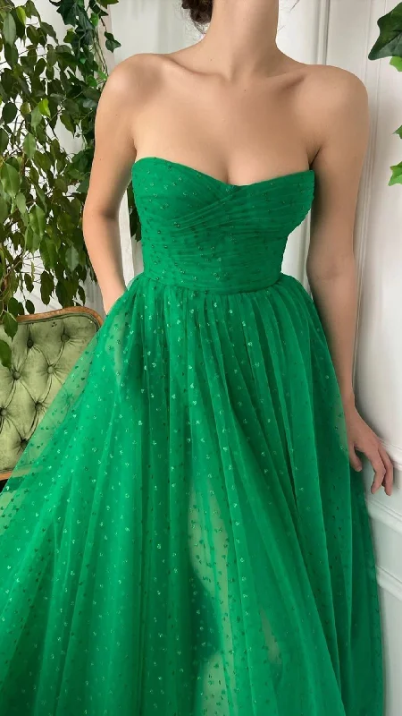 G2704 - Chic & ModernA-Line Strapless Sequins Green Ball Gown Porm Evening Dress