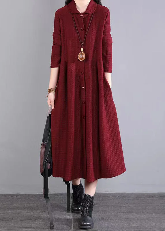 Natural Red Peter Pan Collar Patchwork Cotton Shirts Dress Fall