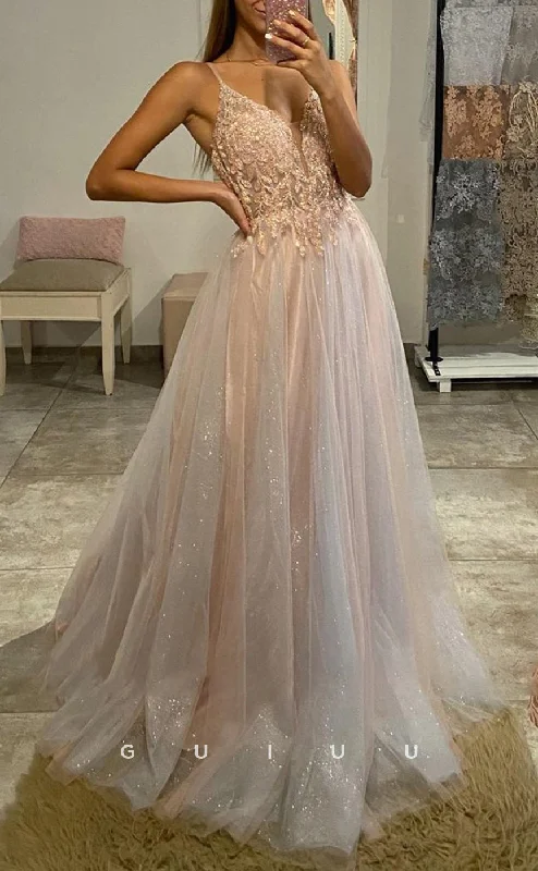 G2832 - Chic & Modern A-Line V-Neck Sequins Long Tulle Prom Evening Dress