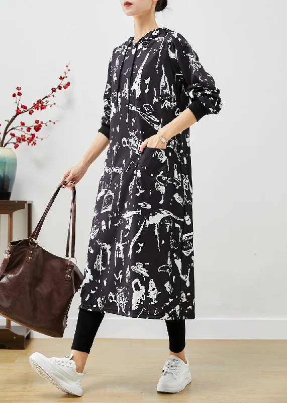 Black Print Cotton Sweatshirt Dress Hooded Pockets Fall