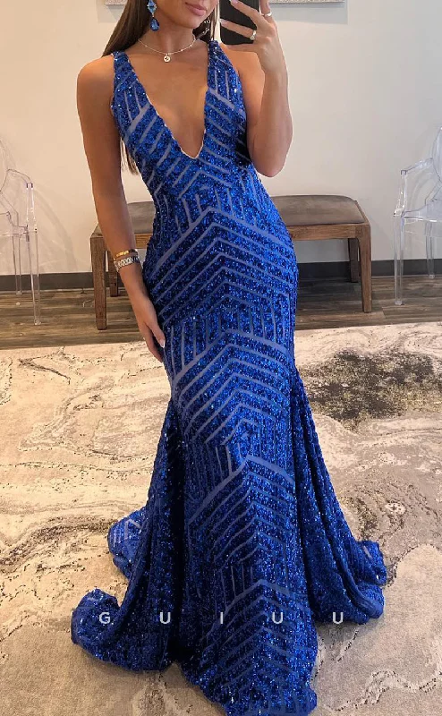 G2781 - Chic & Modern V-Neck Mermaid Sequins Blue Long Prom Evening Dress