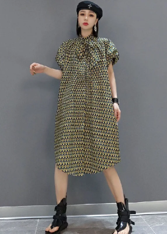 Elegant Original Stand Collar Print Cotton Shirt Dress Short Sleeve