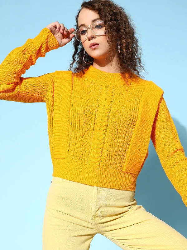 Women Mustard Rib Frill Detail Loose Knit Sweater