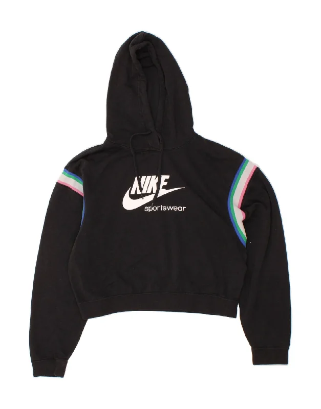 NIKE Womens Crop Graphic Hoodie Jumper UK 10 Small Black Cotton