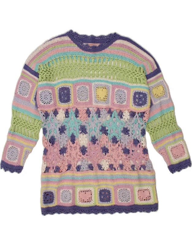 STEFANEL Womens Crochet Fleece Jumper UK 14 Large Multicoloured Fair Isle