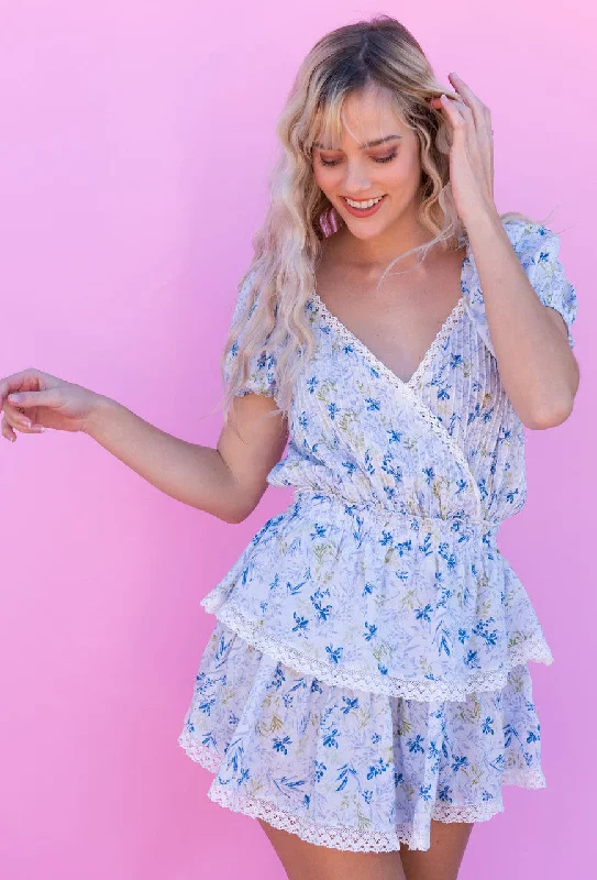 In Her Magic Ruffled Mini Dress In Blue Floral