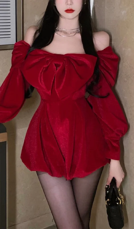 ONE-SHOULDER BOW VELVET MINI DRESS IN RED