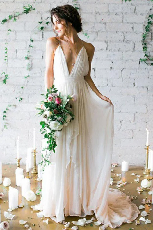 Backless Deep V-neck Sweep Train Beach Wedding Dress With Straps N24 Beaded Lace Wedding