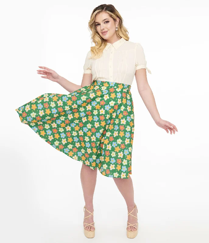 1950s Green Retro Floral Cotton Swing Skirt