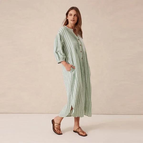 Crinkle Midi Dress - Grass Green + White Stripe