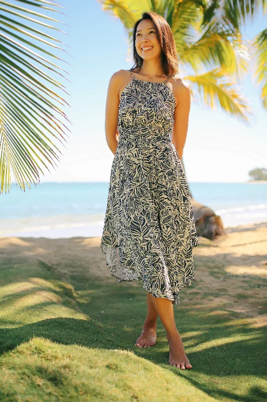 Leaf Print Halter Midi Dress