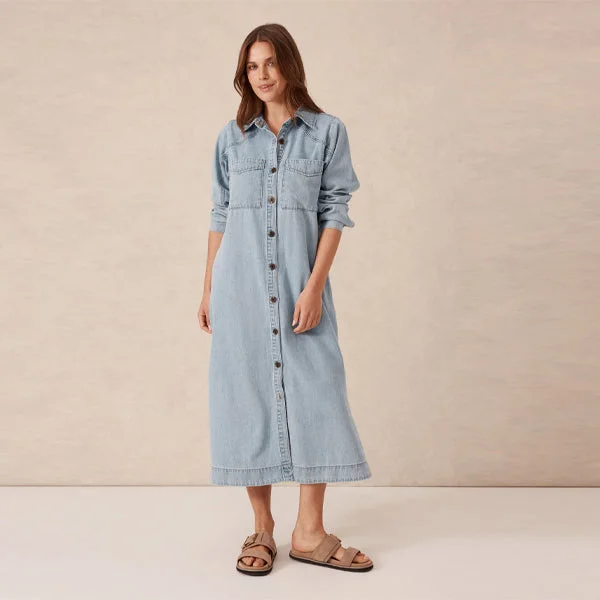 Long Sleeve Yoke Detail Midi Dress - Mid Blue Wash