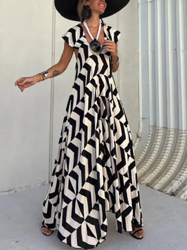 Fresh Unique Ethnic Print Graceful Ruffle Sleeve A-line Maxi Dress