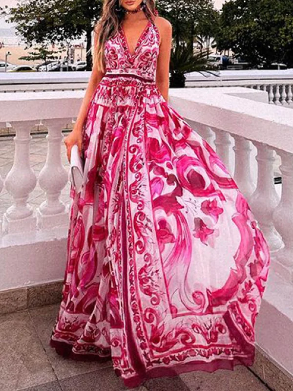 Halter Neck Backless Charming Printed Maxi Dress