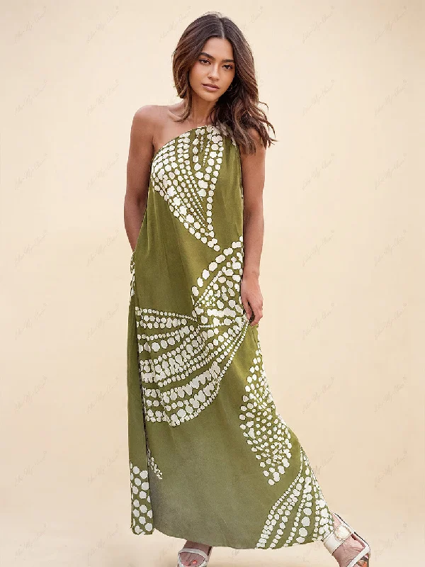 Unique Polka Dot Print Graceful One Shoulder Pocketed Maxi Dress