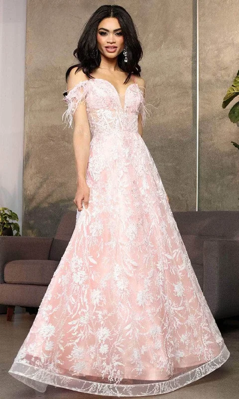 May Queen RQ8070 - Feathered Sleeve Embroidered Prom Gown