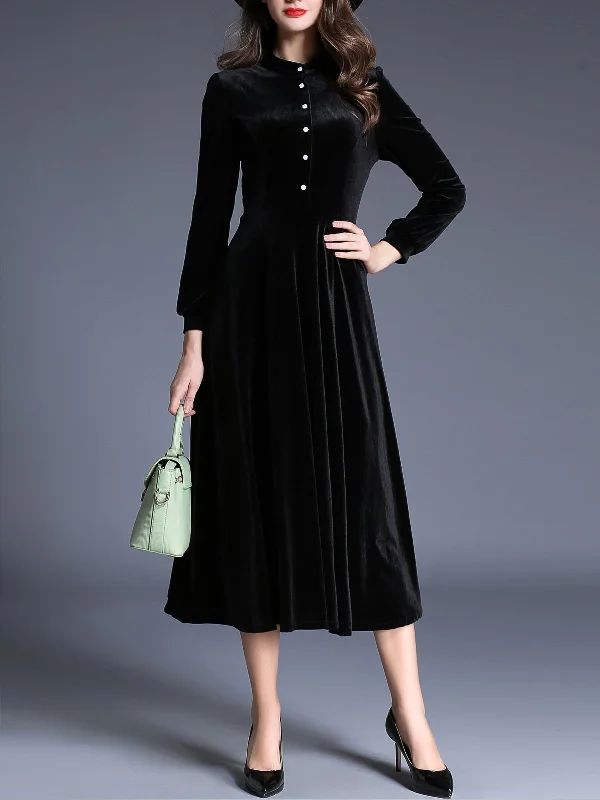 1950s Velvet Solid Pleated Dress