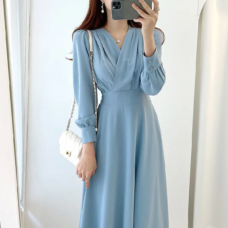 Women Vintage Robe V-neck Puff Sleeve Folds Vestidos Mujer High Waist Temperament Dress