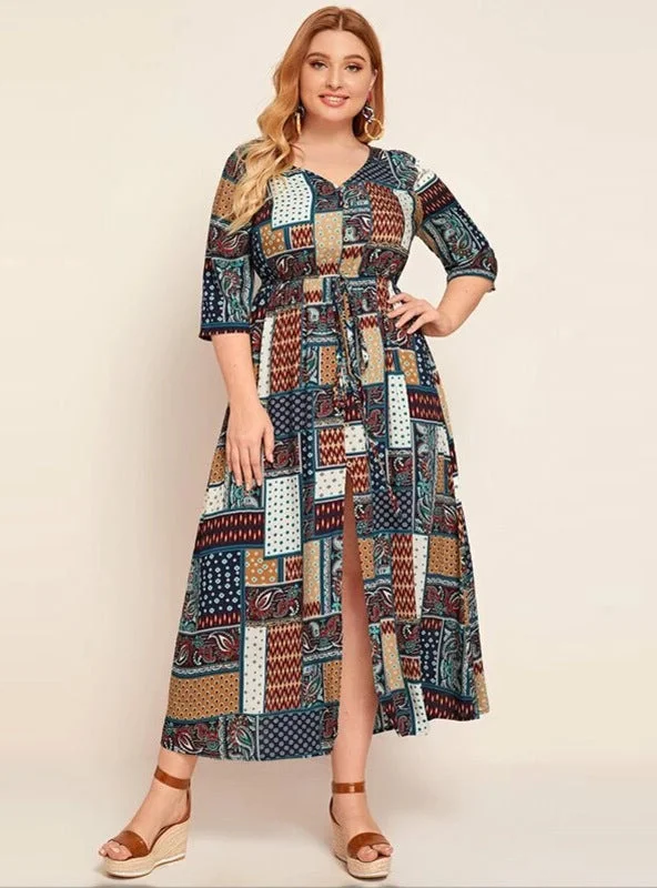 3/4 sleeve Printed Long Casual Dress