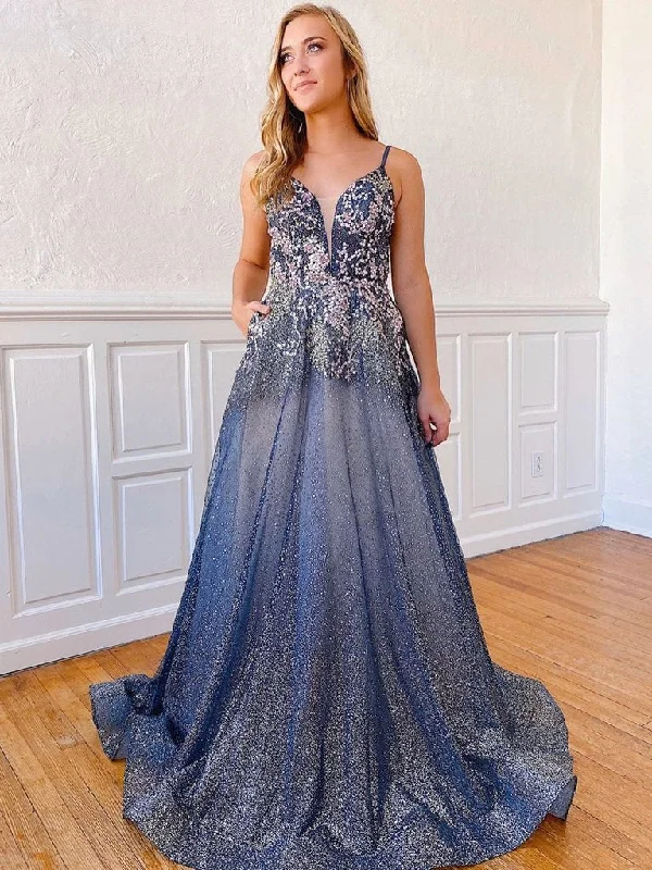 A-Line Spaghetti Straps V-neck Beaded Sparkle Prom Dress JKZ8612