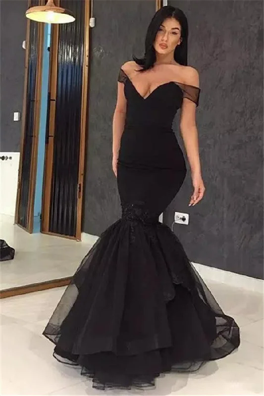 Alluring Black Off-the-Shoulder Applique Prom Dresses Ruffles Chic Mermaid Evening Dresses