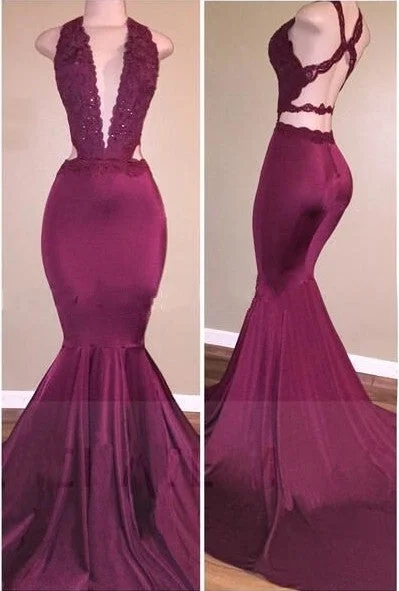 Alluring Deep-V-Neck Beading Cross-Back Mermaid Prom Dresses