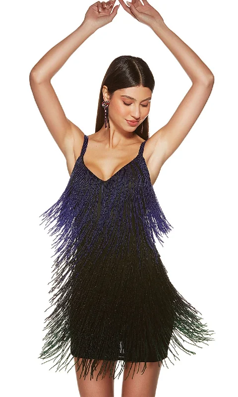 V-Neck Fringe Homecoming Dress: Alyce 4875