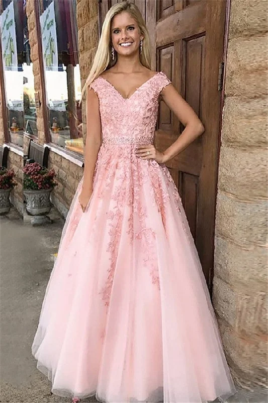 Amazing Pink Off-the-Shoulder Prom Dresses Applique Crystal Sleeveless Evening Dresses with Belt