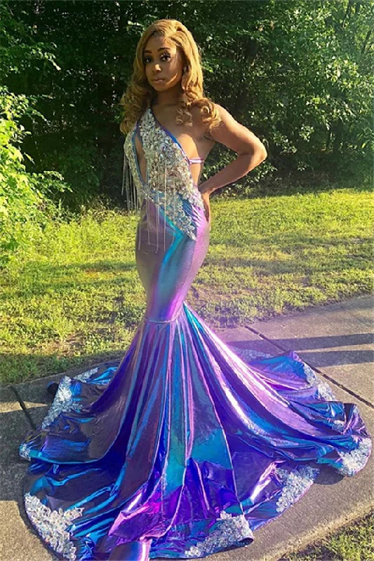 Asymmetric Beads Appliques Prom Dresses Alluring Open Back Fit and Flare Evening Gowns