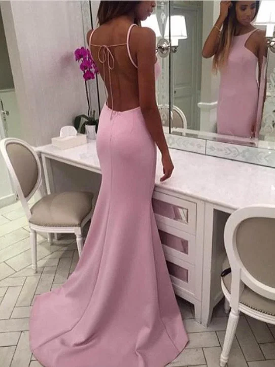 Backless Prom Dresses Mermaid Scoop Sweep Train Pink Simple Open Back Prom Dress JKL1597