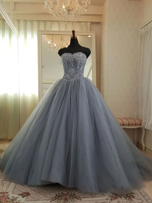 Ball Gown Prom Dresses Sweetheart Appliques Fashion Big Grey Prom Dress Chic Evening Dress JKL1521