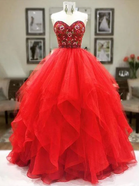 Ball Gown Prom Dresses Sweetheart Embroidery Floor-length Red Prom Dress JKL998