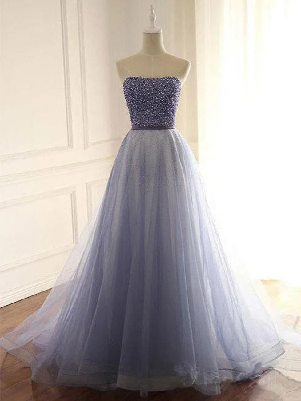 Beautiful Prom Dresses Strapless A Line Lavender Prom Dress Beaded Evening Dress JKL1660